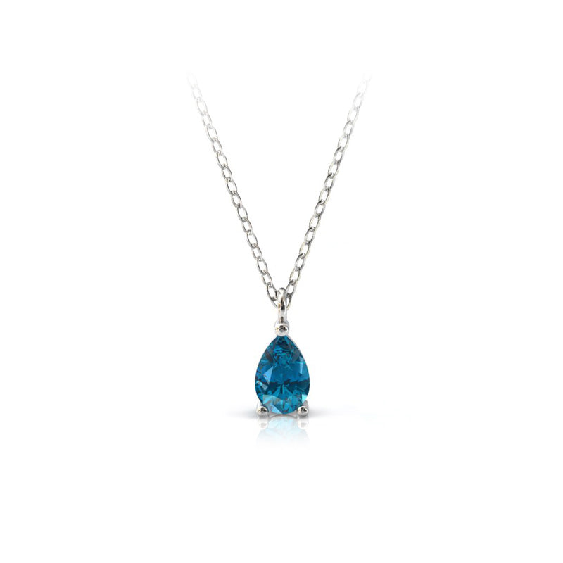 Collier en or blanc palladié 750 serti d'une Topaze Blue London en goutte de 6x4 mm