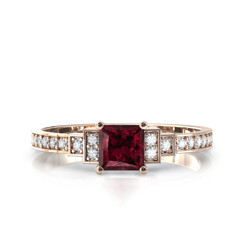 Solitaire en or rose 750 serti d'un grenat Rhodolite en taille princesse